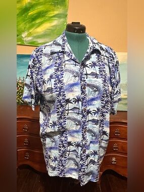 Men's Blue Tropical Print Short-Sleeve Button-Down Shirt